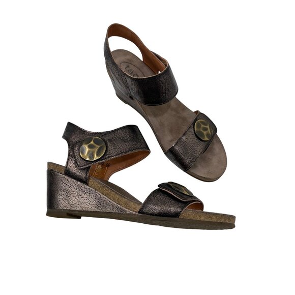 Taos Brown metallic Crackle Leather Adjustable Strap Women Wedge Sandals Size 40 - Picture 14 of 15
